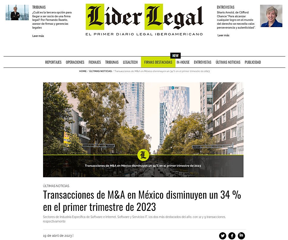 Transacciones de M&A en Mxico disminuyen un 34 % en el primer trimestre de 2023